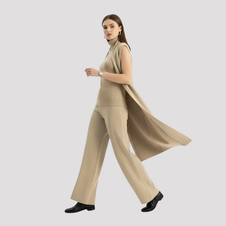 Genevieve | Elegant Knit Top Cardigan And Trousers Set