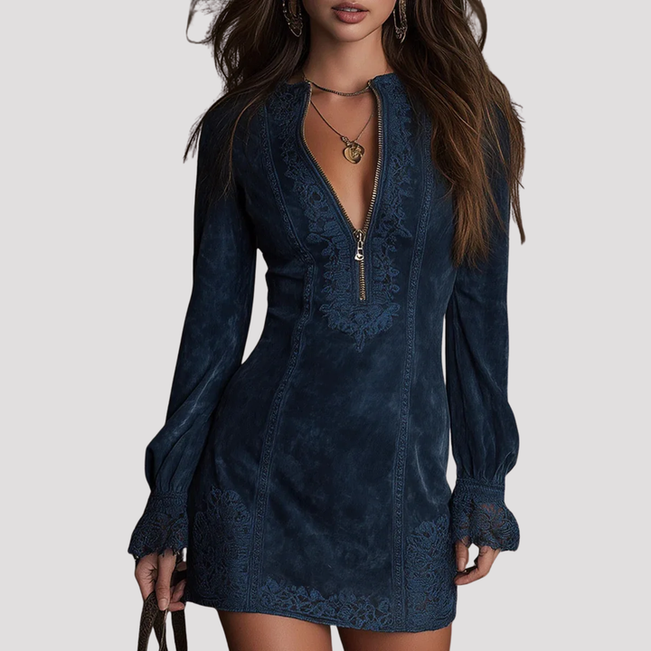 Holly | Embroidered Velvet Mini Dress with Zip Neck