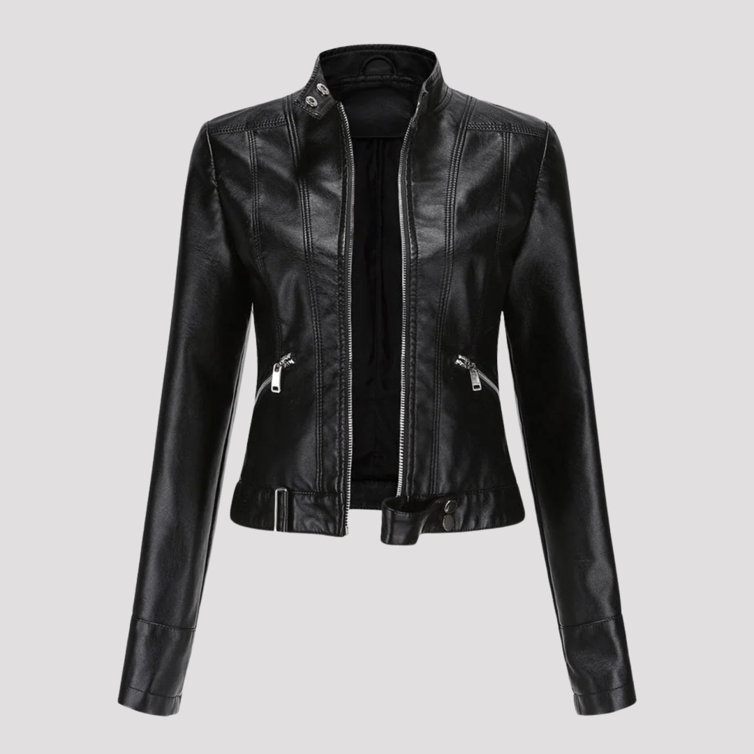 Olivia | Moto Faux Leather Jacket with Stand Collar