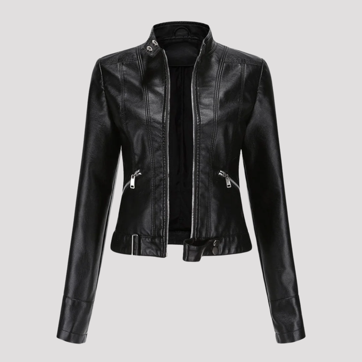 Olivia | Moto Faux Leather Jacket with Stand Collar