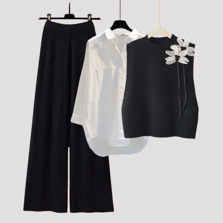 Isolde | Knit Vest Shirt And Wide Leg Trousers Set