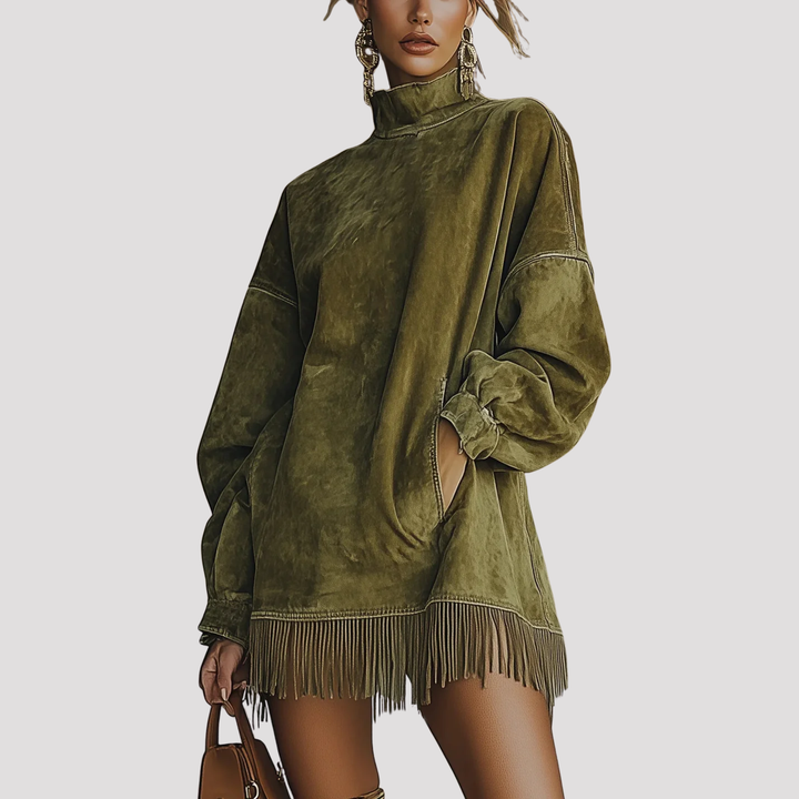 Harper | Fringe Hem Velvet Mini Dress with High Neck