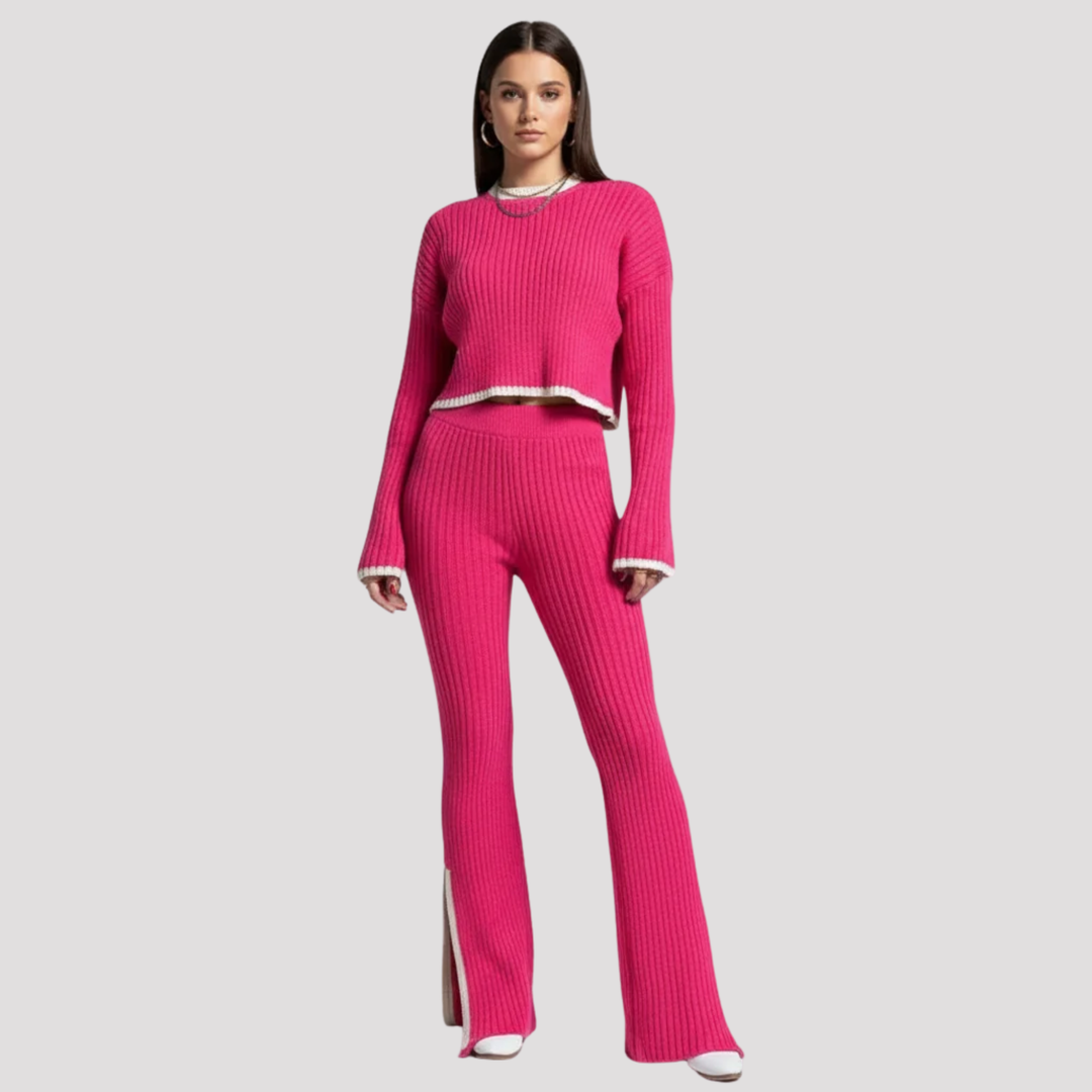 Seraphina | Ribbed Knit Crew Neck Sweater And Wide Leg Trousers Set