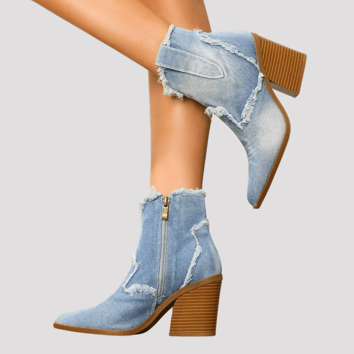 Harper | Frayed Denim Ankle Boots with Block Heel