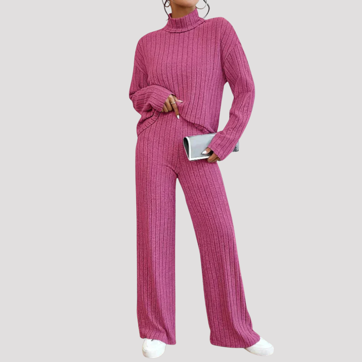 Gwendolyn | Ribbed Knit Turtleneck Sweater And Wide Leg Trousers Set