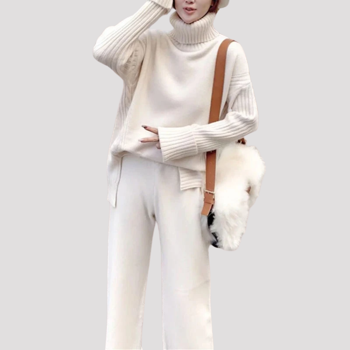 Linnea | Elegant Turtleneck Knit Sweater And Wide Leg Trousers Set