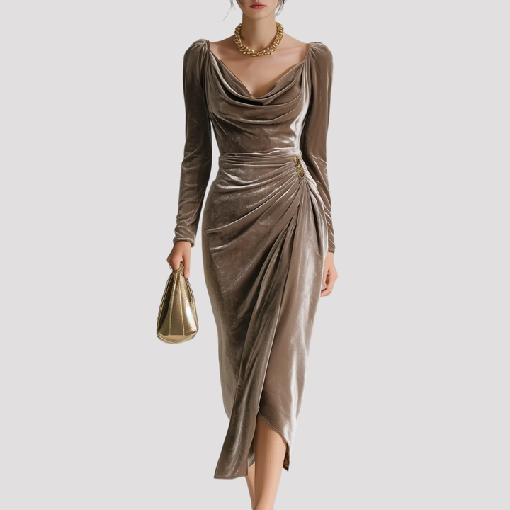 Sophie | Draped Velvet Midi Dress with Long Sleeves