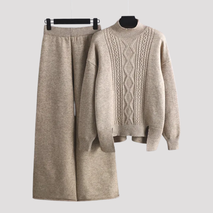Theodora | Cable Knit High Neck Sweater And Wide Leg Trousers Set