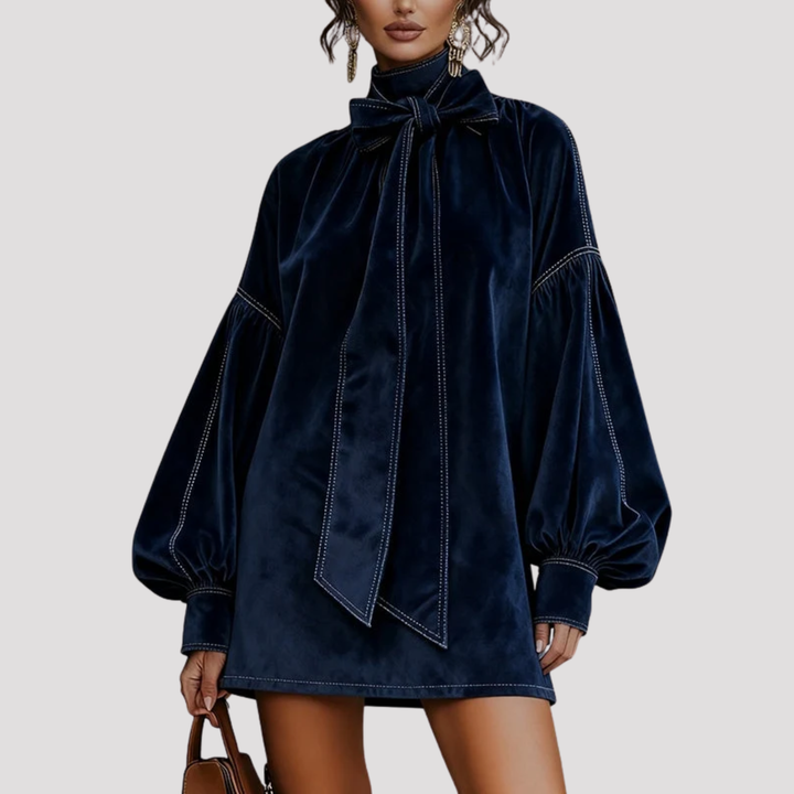 Freya | Bow Neck Velvet Mini Dress with Puff Sleeves