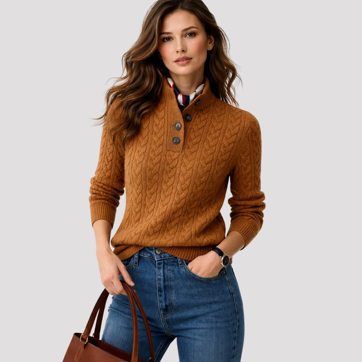 Phoebe | Cable Knit Button Neck Jumper