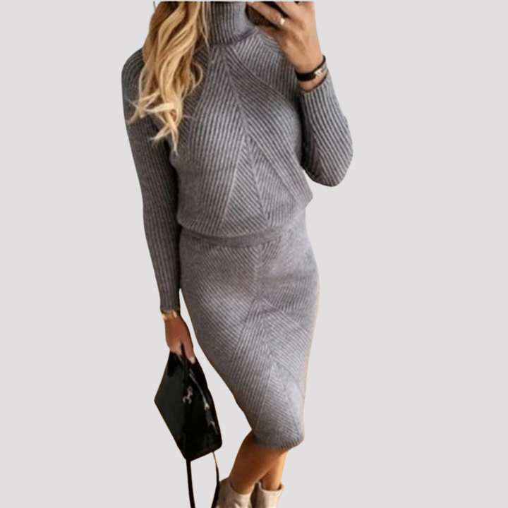 Saskia | Ribbed Knit Turtleneck Sweater And Midi Skirt Set