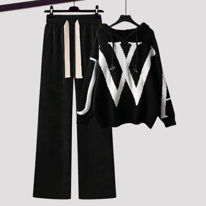 Elspeth | Patterned Knit Hoodie And Wide Leg Trousers Set