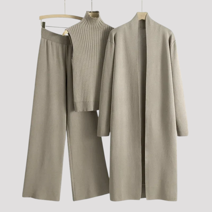 Genevieve | Elegant Knit Top Cardigan And Trousers Set