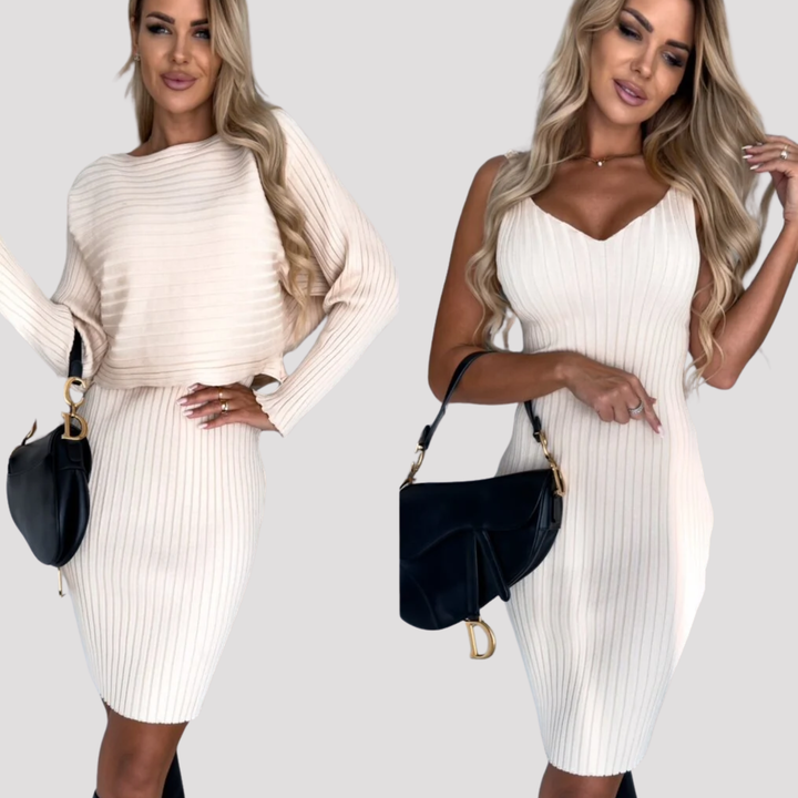 Elowen | Elegant Ribbed Knit Sweater And Midi Dress Set