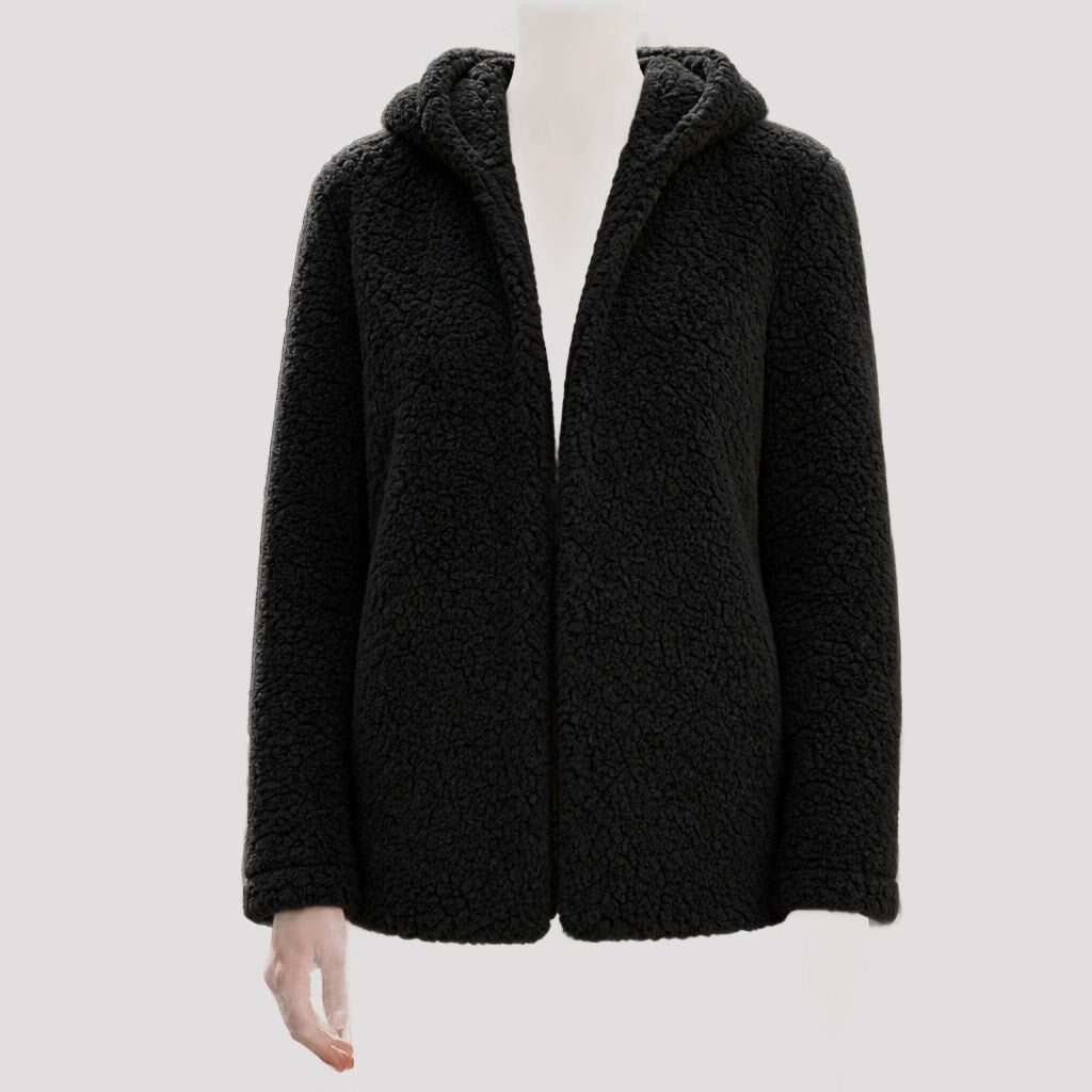Menton Hooded Teddy Fleece Jacket in Black