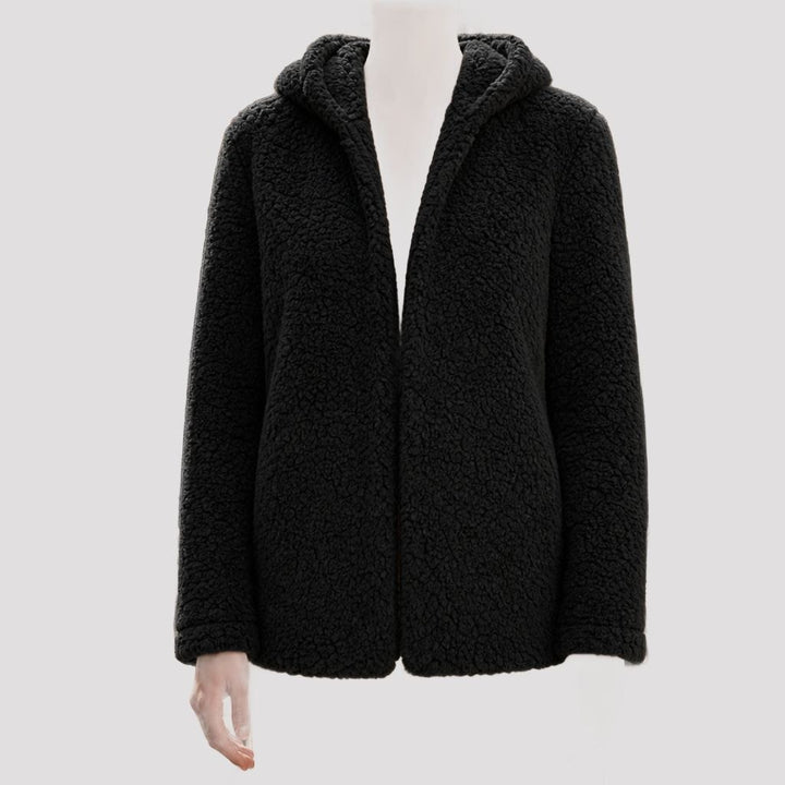 Menton Hooded Teddy Fleece Jacket in Black