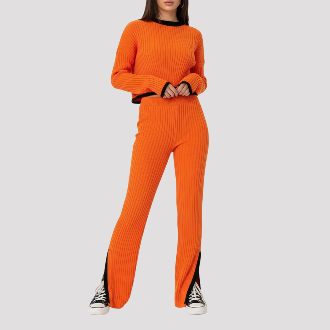 Seraphina | Ribbed Knit Crew Neck Sweater And Wide Leg Trousers Set