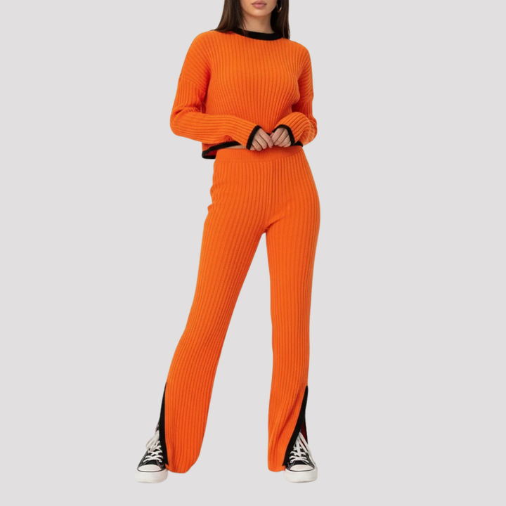 Seraphina | Ribbed Knit Crew Neck Sweater And Wide Leg Trousers Set