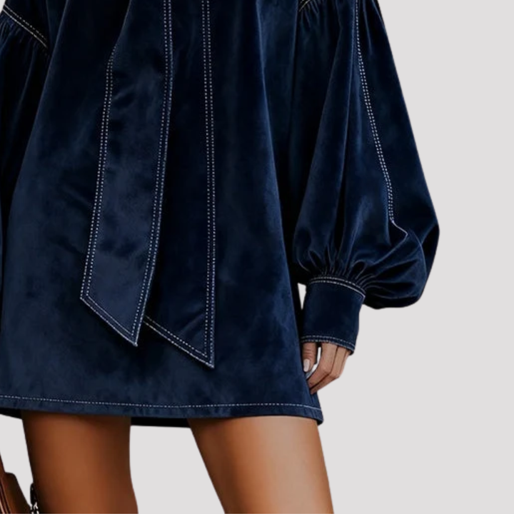 Freya | Bow Neck Velvet Mini Dress with Puff Sleeves