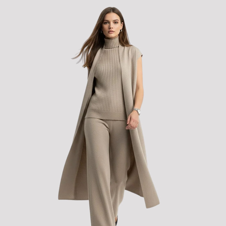 Genevieve | Elegant Knit Top Cardigan And Trousers Set