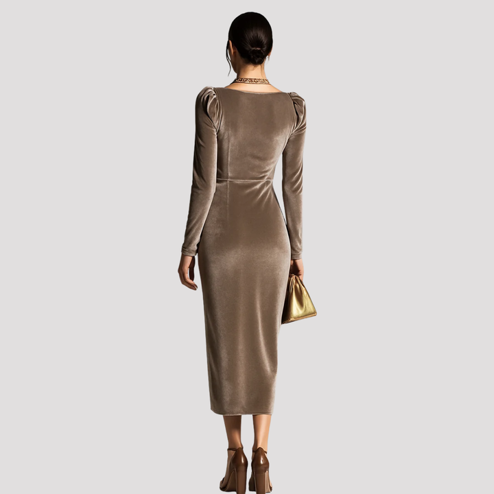 Sophie | Draped Velvet Midi Dress with Long Sleeves
