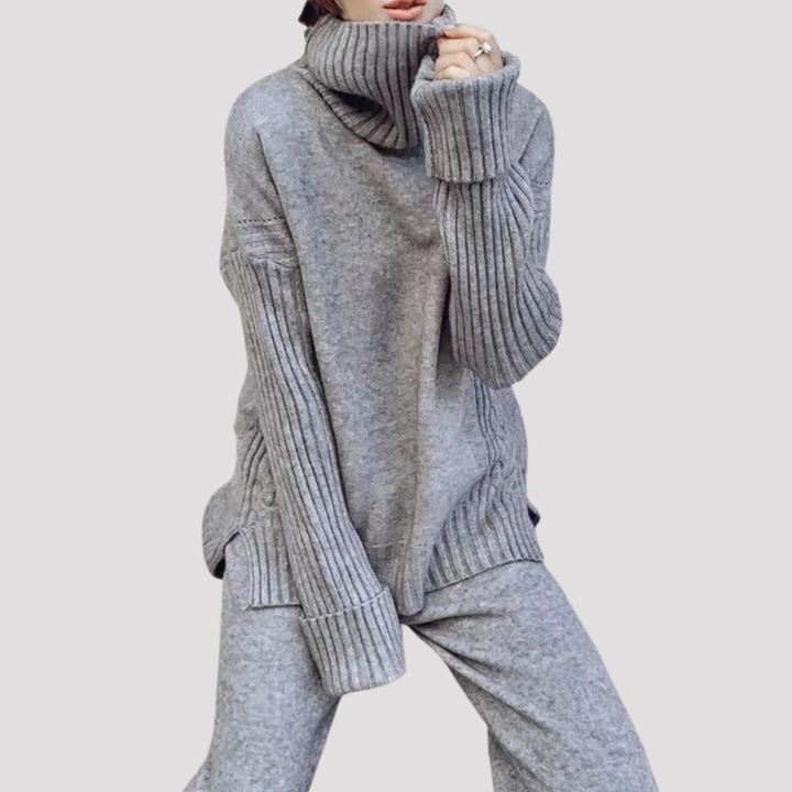 Linnea | Elegant Turtleneck Knit Sweater And Wide Leg Trousers Set