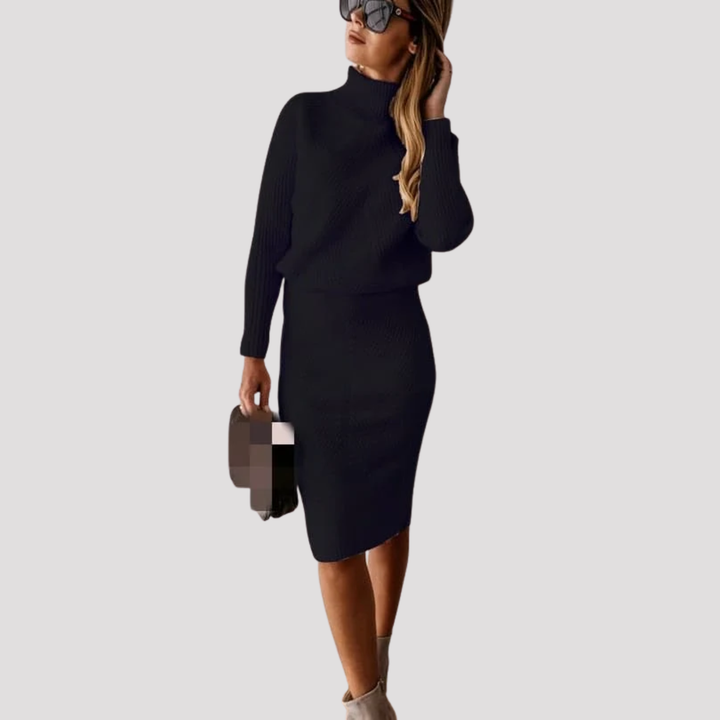 Saskia | Ribbed Knit Turtleneck Sweater And Midi Skirt Set
