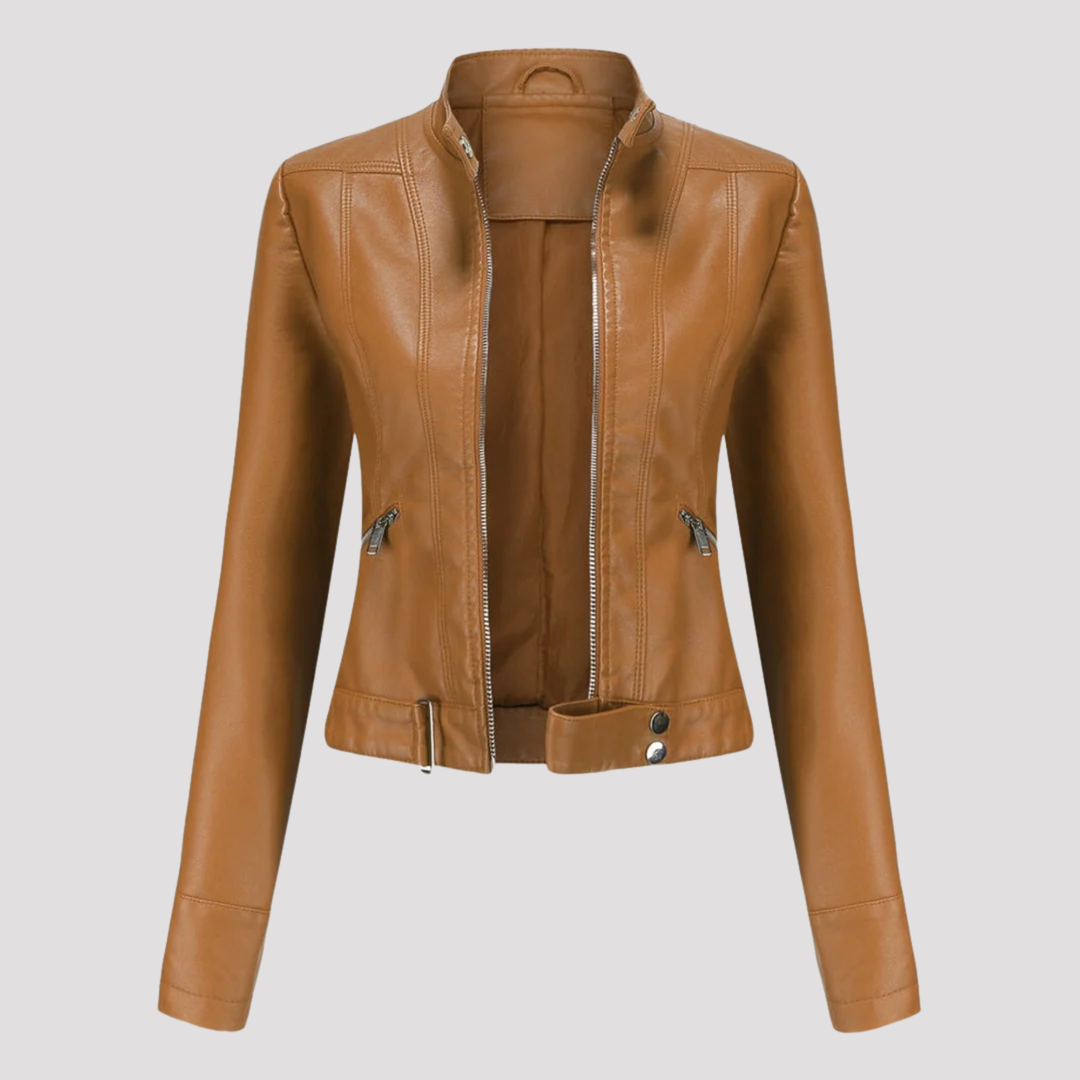 Olivia | Moto Faux Leather Jacket with Stand Collar