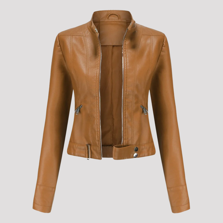 Olivia | Moto Faux Leather Jacket with Stand Collar