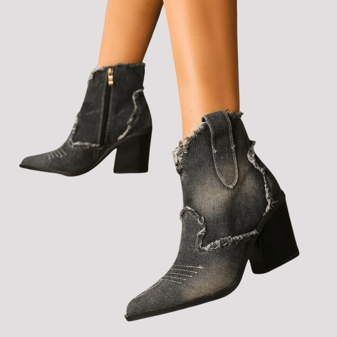 Harper | Frayed Denim Ankle Boots with Block Heel