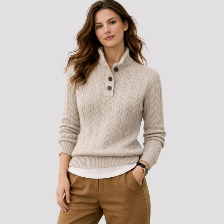 Phoebe | Cable Knit Button Neck Jumper
