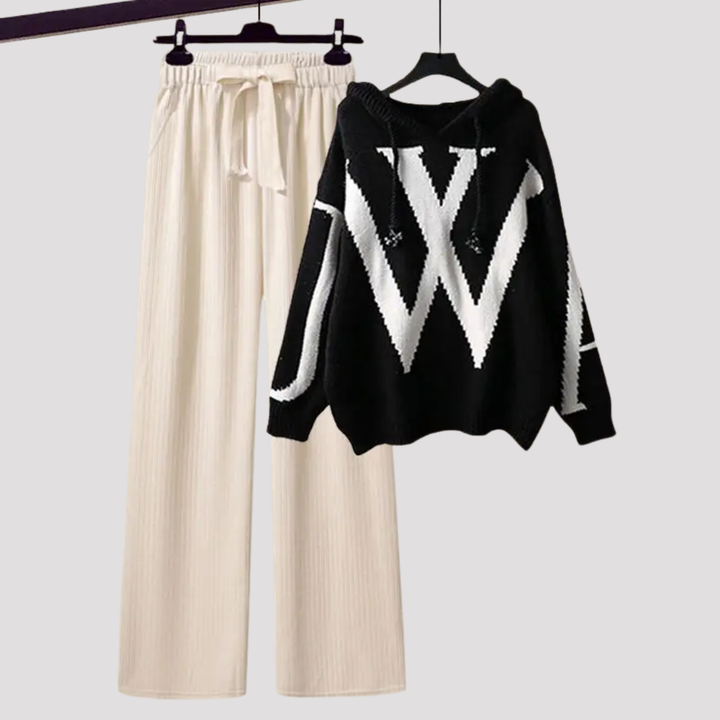 Elspeth | Patterned Knit Hoodie And Wide Leg Trousers Set