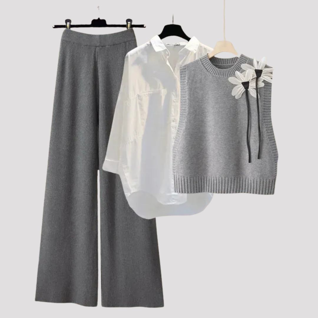 Isolde | Knit Vest Shirt And Wide Leg Trousers Set