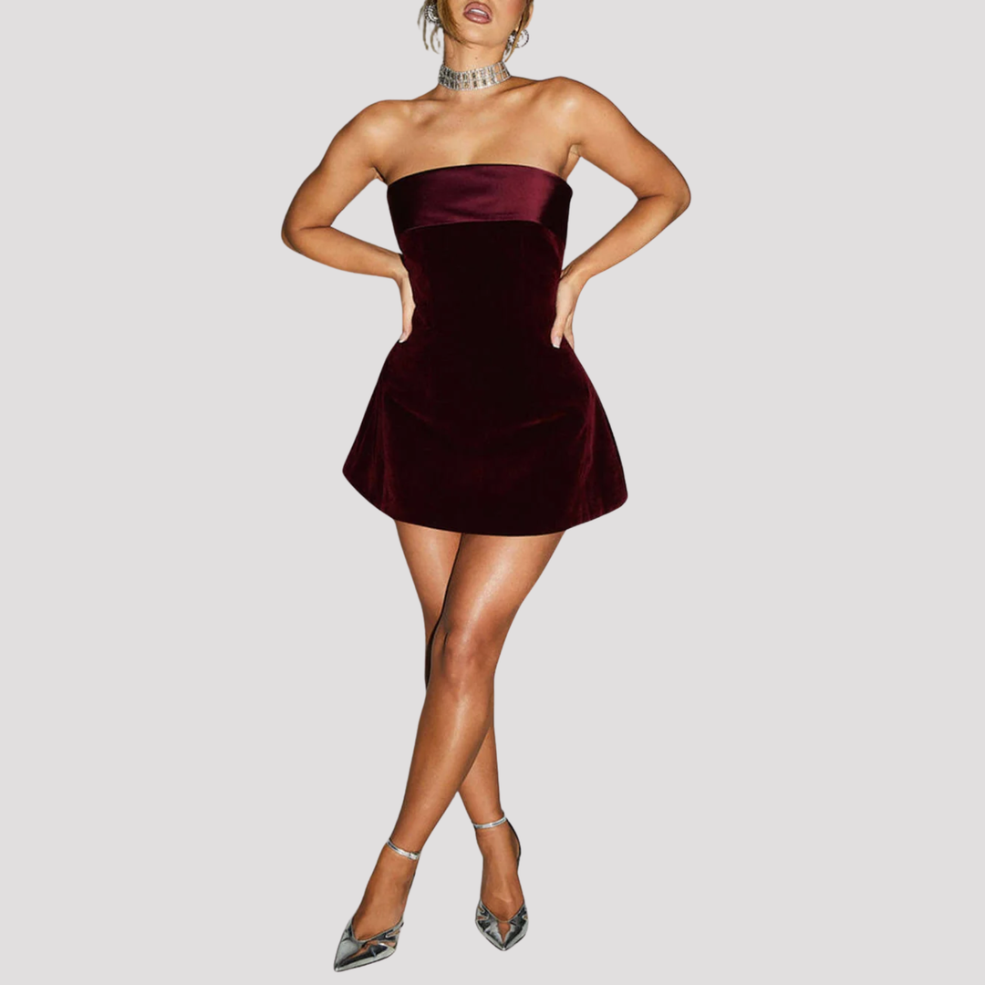 Ruby | Strapless Velvet Mini Dress with Satin Trim