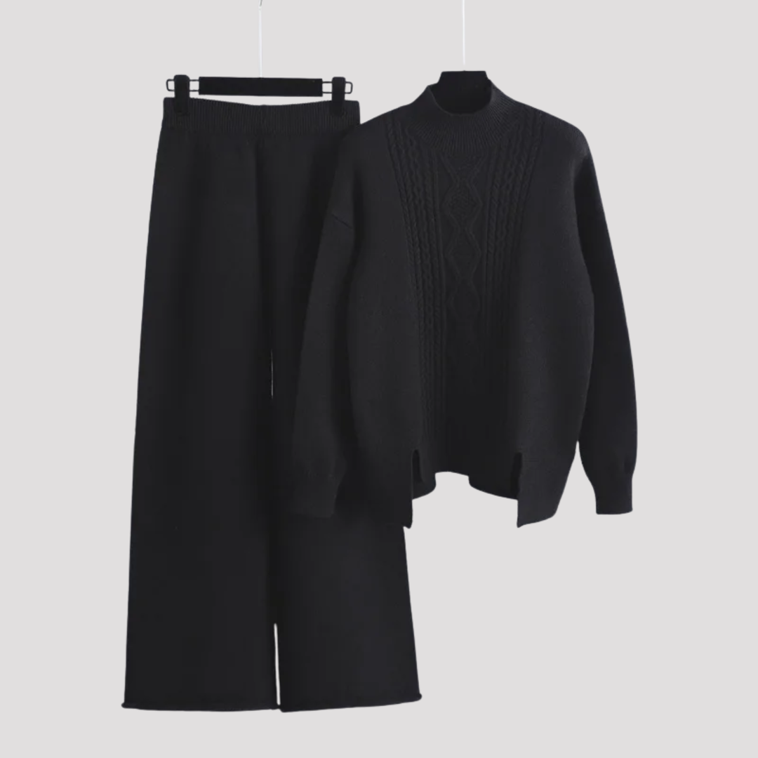 Theodora | Cable Knit High Neck Sweater And Wide Leg Trousers Set