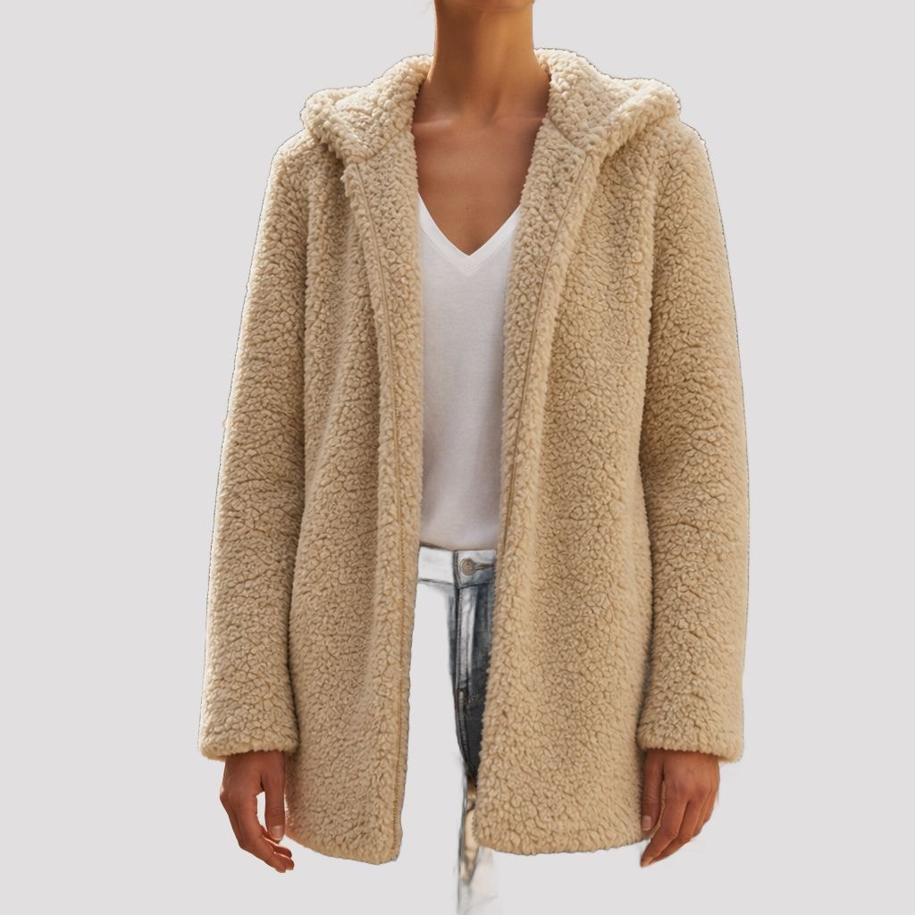 Menton Hooded Teddy Fleece Jacket in Beige