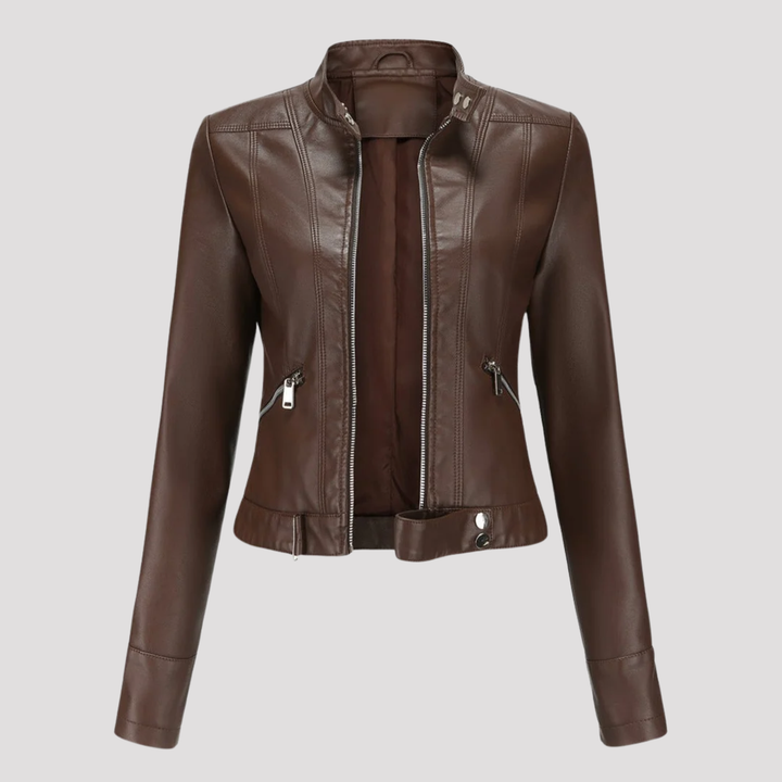 Olivia | Moto Faux Leather Jacket with Stand Collar