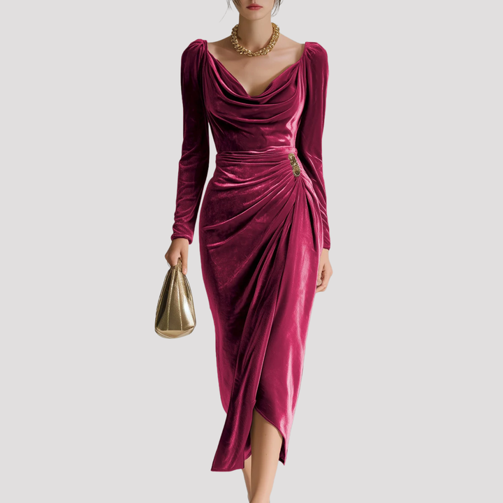 Sophie | Draped Velvet Midi Dress with Long Sleeves