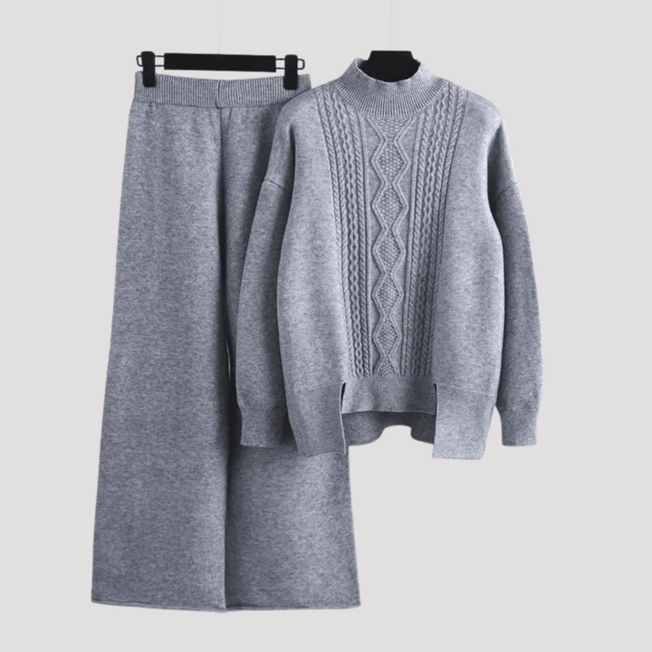 Theodora | Cable Knit High Neck Sweater And Wide Leg Trousers Set