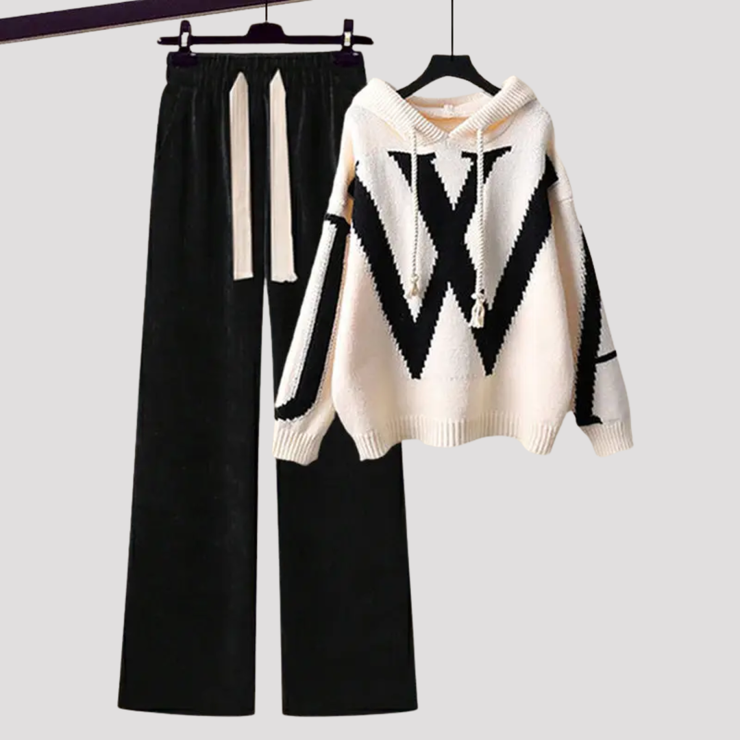 Elspeth | Patterned Knit Hoodie And Wide Leg Trousers Set