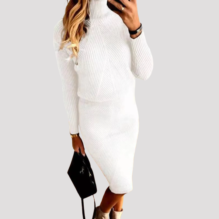 Saskia | Ribbed Knit Turtleneck Sweater And Midi Skirt Set