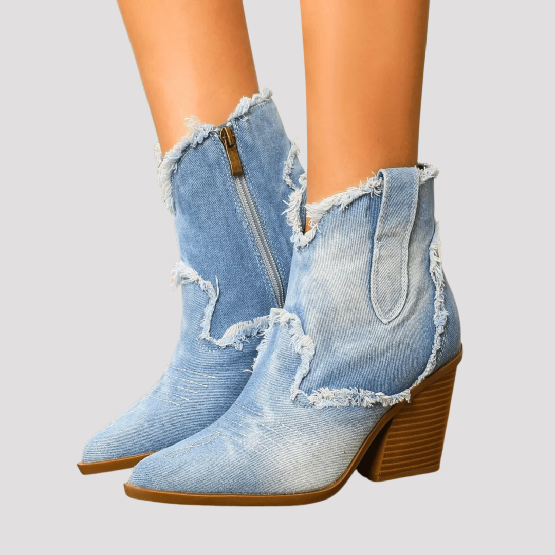 Harper | Frayed Denim Ankle Boots with Block Heel