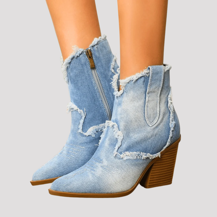 Harper | Frayed Denim Ankle Boots with Block Heel
