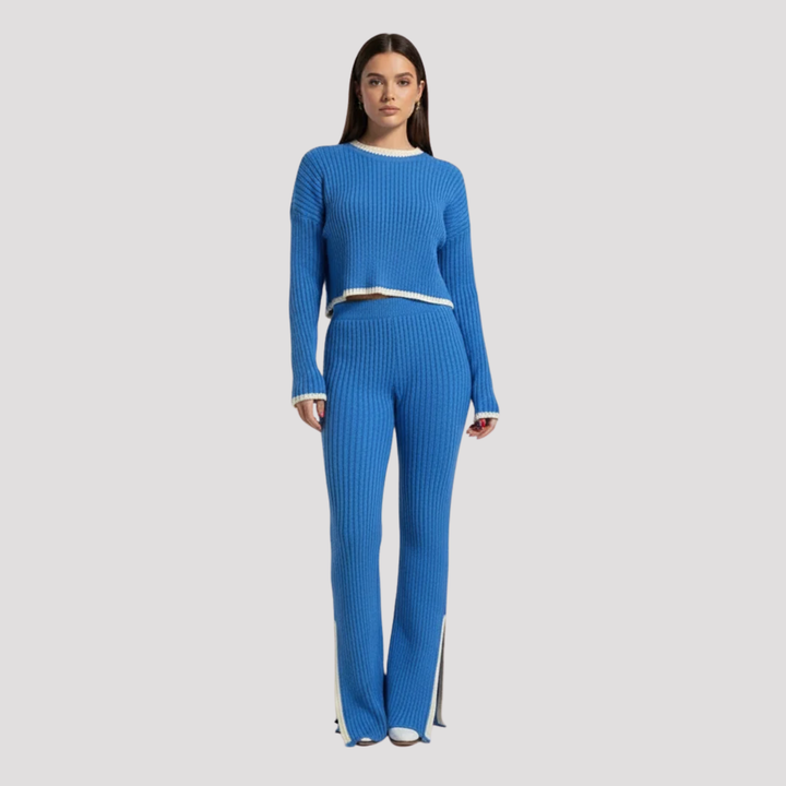 Seraphina | Ribbed Knit Crew Neck Sweater And Wide Leg Trousers Set