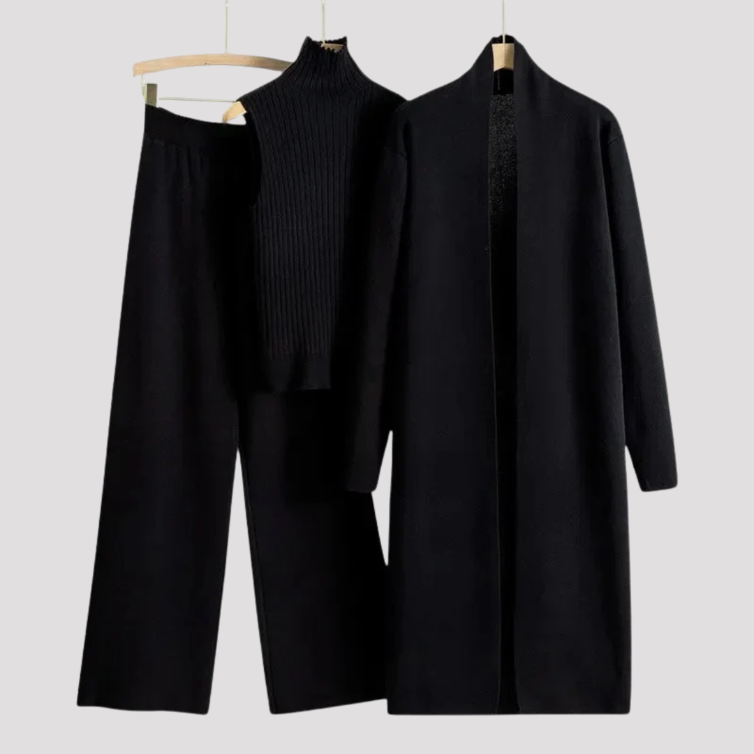 Genevieve | Elegant Knit Top Cardigan And Trousers Set