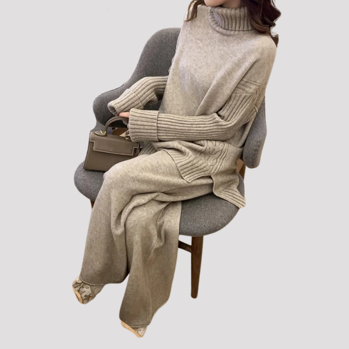Linnea | Elegant Turtleneck Knit Sweater And Wide Leg Trousers Set