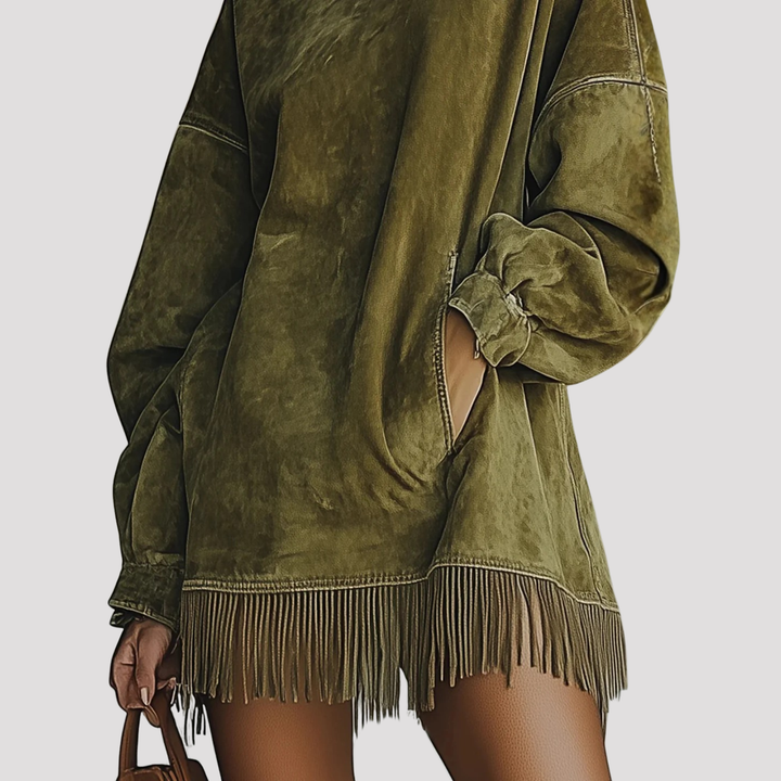 Harper | Fringe Hem Velvet Mini Dress with High Neck