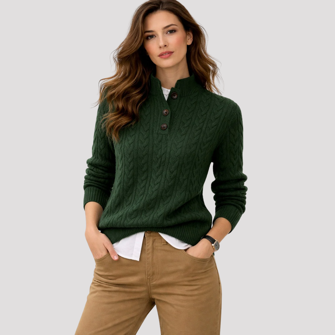 Phoebe | Cable Knit Button Neck Jumper