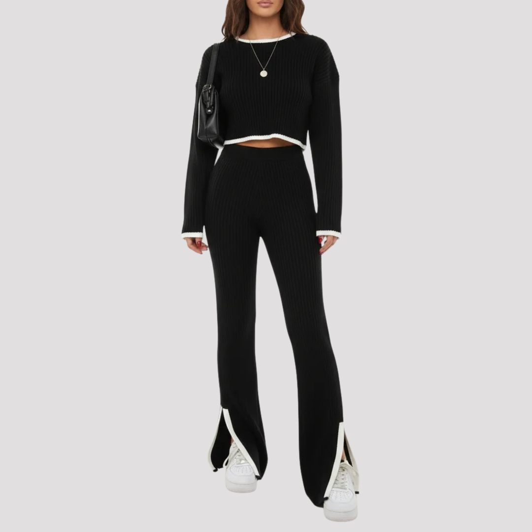 Seraphina | Ribbed Knit Crew Neck Sweater And Wide Leg Trousers Set