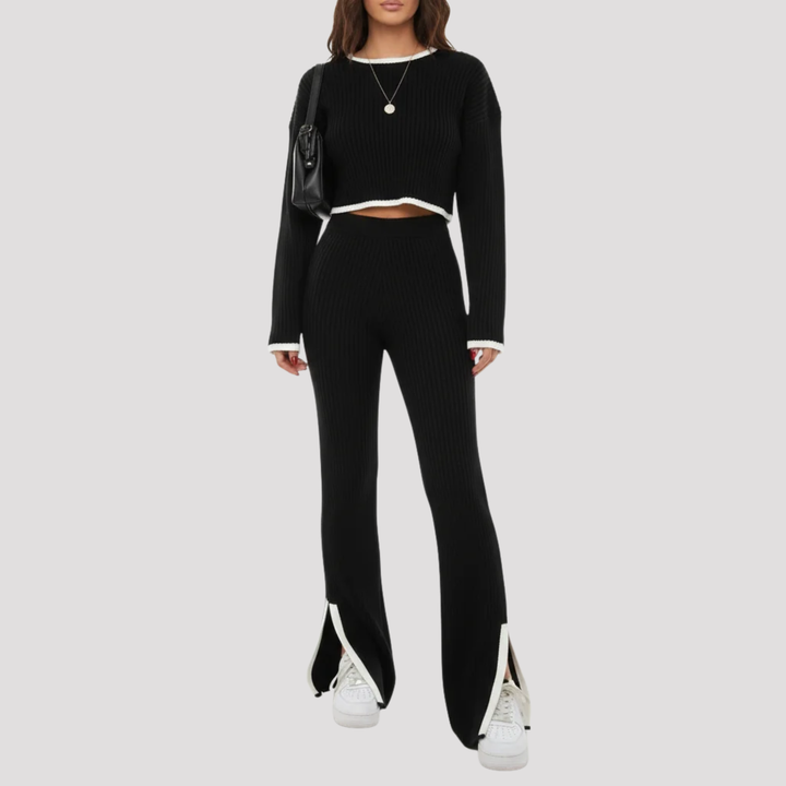 Seraphina | Ribbed Knit Crew Neck Sweater And Wide Leg Trousers Set